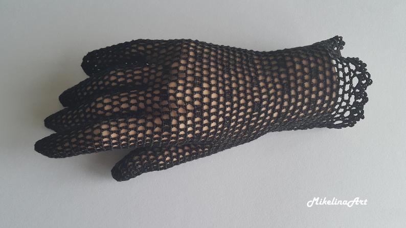 Crochet Gloves Black 100% Silk