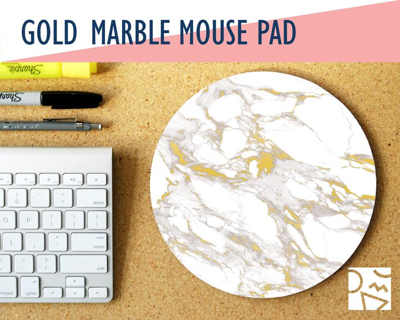 Gold Marble Print Round Mouse Pad w/ Custom Monogram  Office