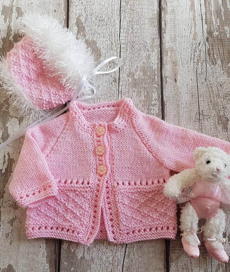 Knitted Baby Cardigan & Hat Girls Pink Sweater Set Handmade