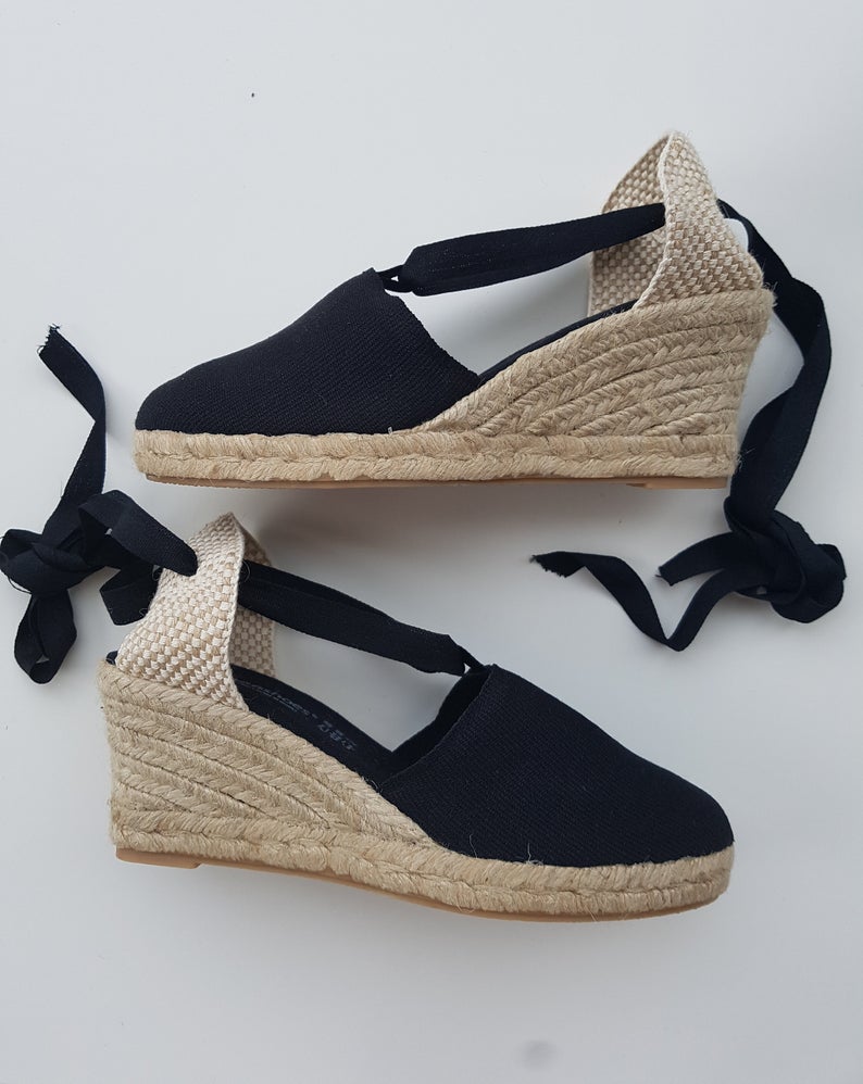 black tie up espadrille wedges
