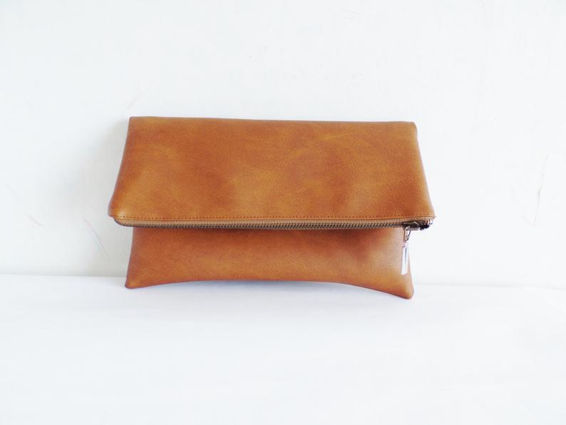 Vegan leather clutch Leather clutch purse Cognac brown