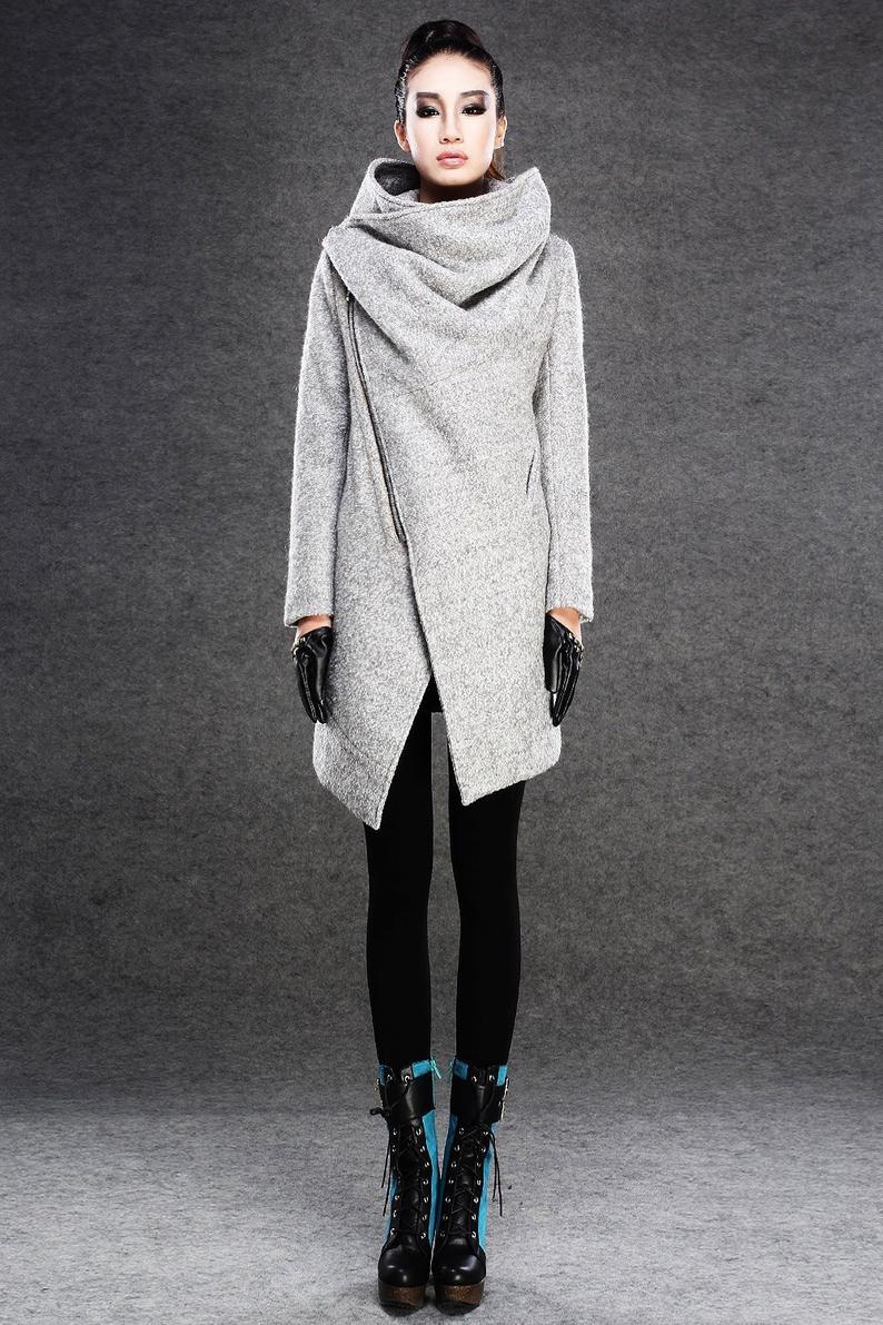 Asymmetrical Wool Coat Gray Wool Boucle Coat with