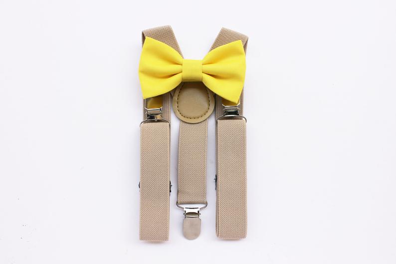 Baby bow tie yellow and suspenders beige for baby boybow ties