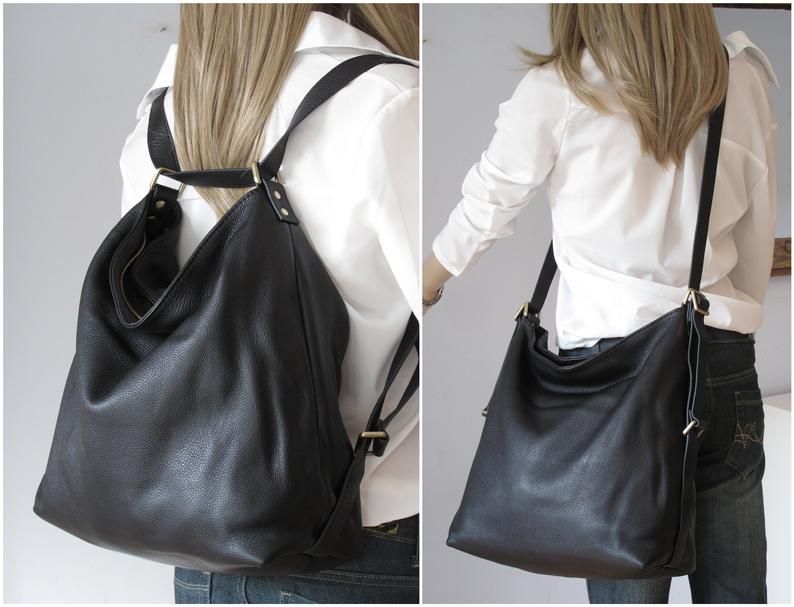 Black leather backpack shoulder bag crossbody purse diaper