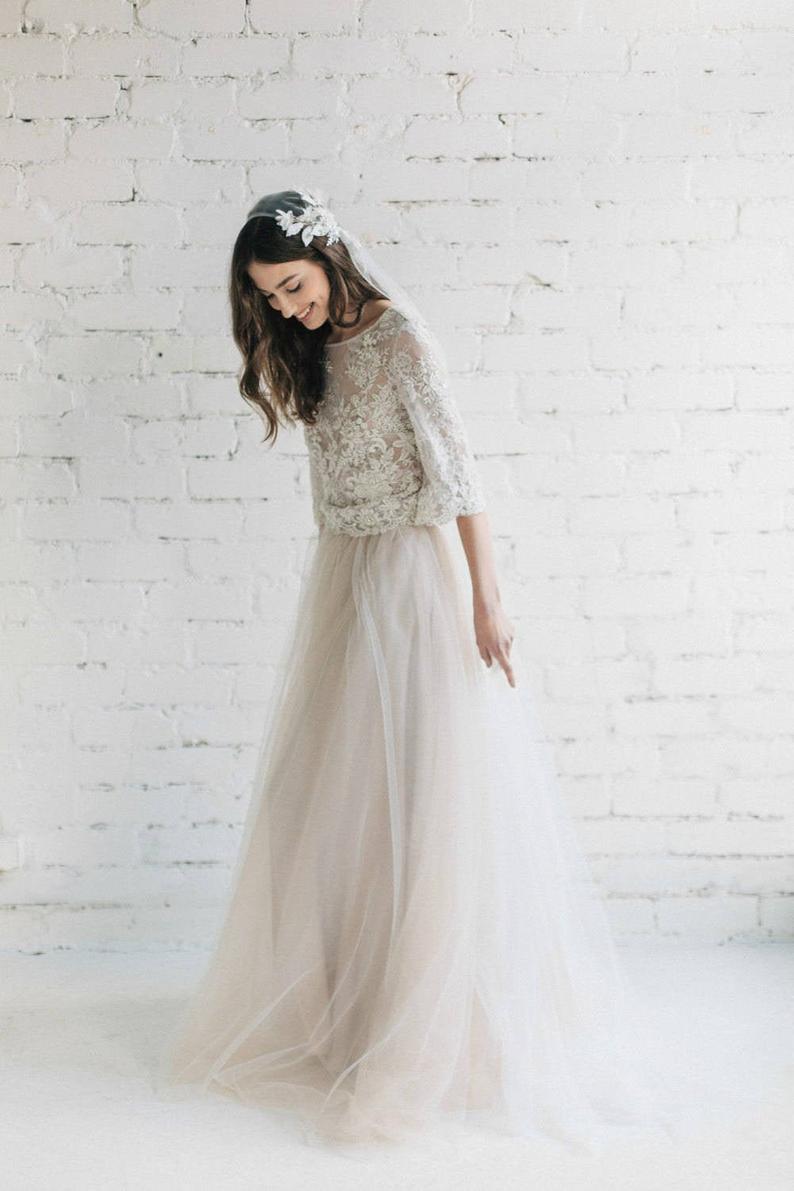Boho Wedding Dress Nude Tulle Skirt  Lace Wedding Top with