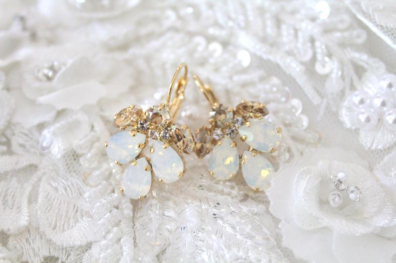 Crystal Bridal earrings White opal earrings Bridal jewelry