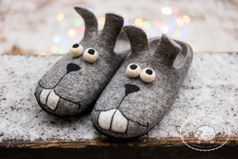 Felted wool Slippers funny grey bunny mens house shoes wooden