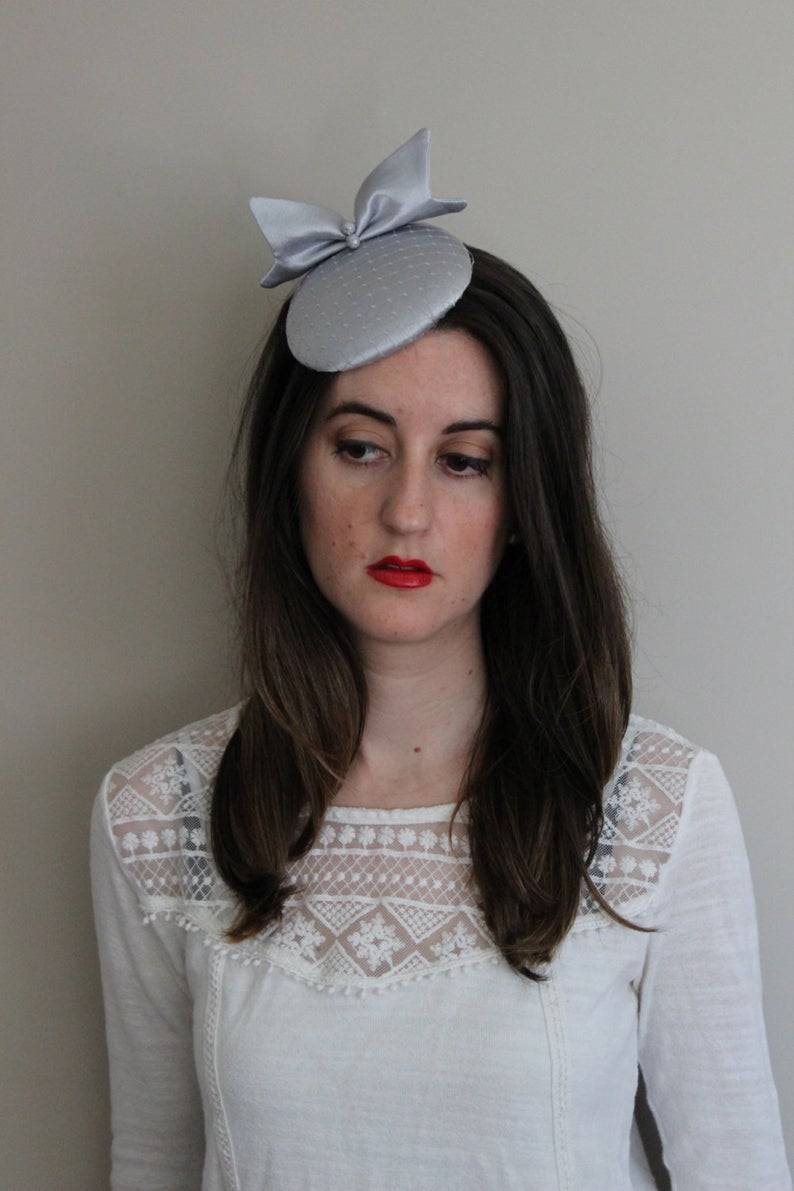 Gray hat with bow Satin gray fascinator hat wedding