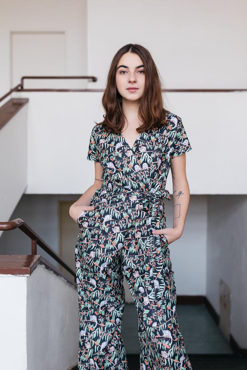 Handmade possum and eucalyptus jumpsuit wrap jumpsuit