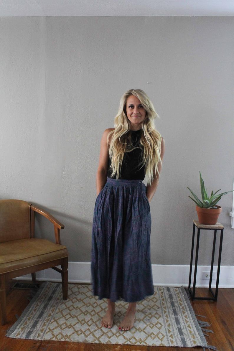 High Waisted Paisley Tea Length Boho Skirt