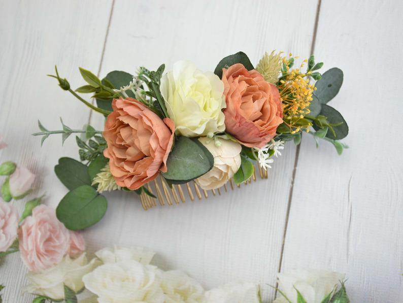 Orange floral comb for women/ Flower hair piece for bride/