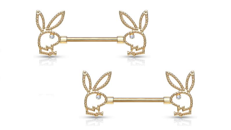 Pair Playboy Bunny Beaded Edges Gold Plated Nipple Barbells
