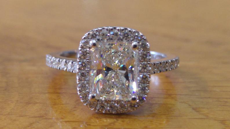 Radiant 1 1/2 Carat Diamond Engagement Ring Halo Engagement