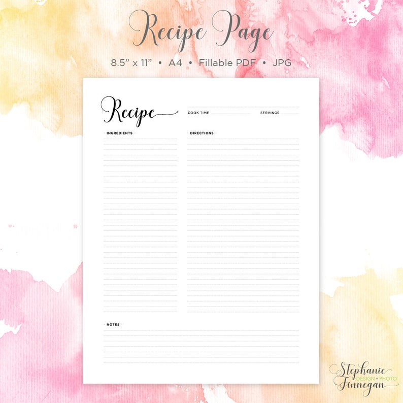 Recipe Page  Recipe Printable  Recipe Card  Recipe Template