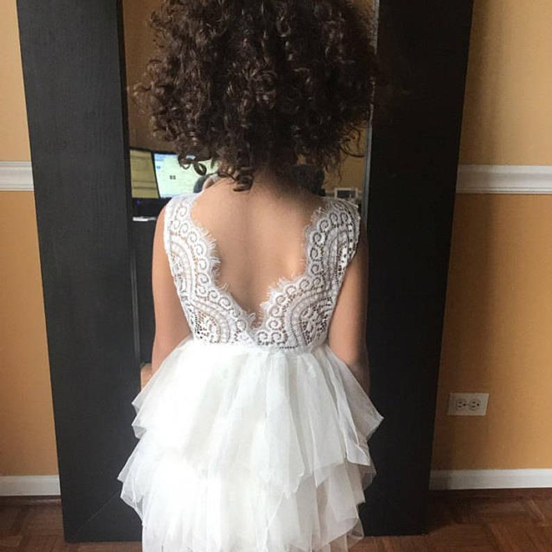 Romantic White Lace Flower Girl Dress Ivory Tulle Crochet