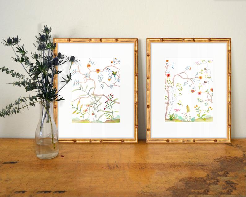 Set of 2 Chinoiserie Prints  SMc. Originals  watercolor