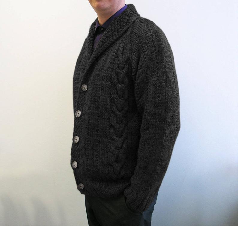 Charcoal pure wool hand knitted men’s cardigan