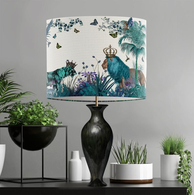 Lamp shade Tropical Lions Blue  drum lampshade Lion decor