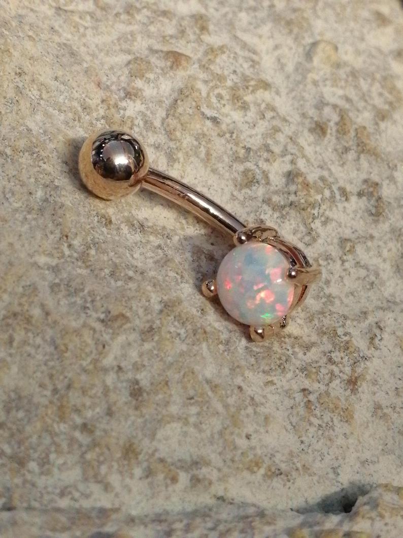 Rose Gold Plate White Single Prong Set Fire Opal Belly Bar