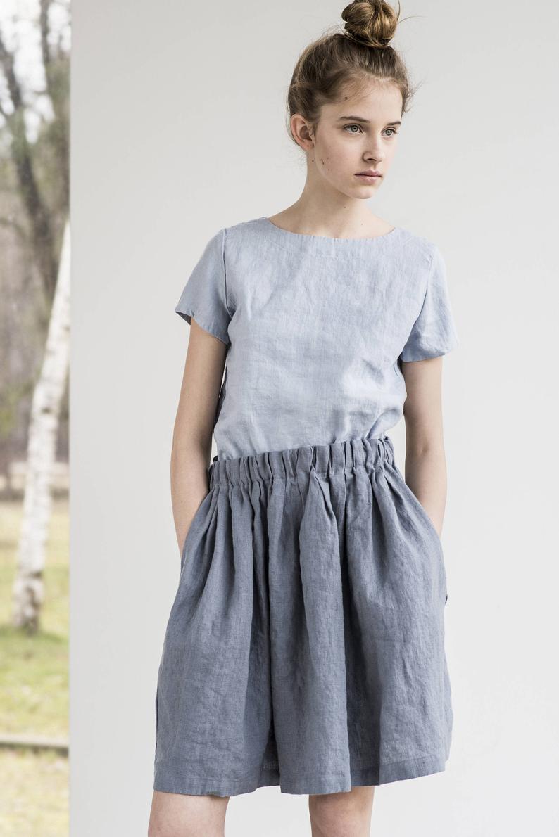 Short linen skirt BARI / Comfortable linen skirt with wide