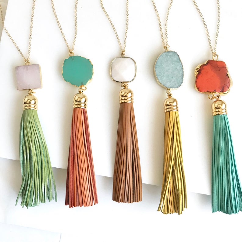 Tassel Necklace. Leather Tassel Necklace. Turquoise Orange