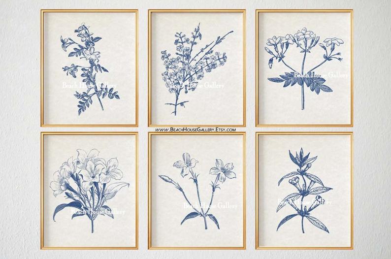 Blue Botanical Prints Blue Wall Art Vintage Botanical