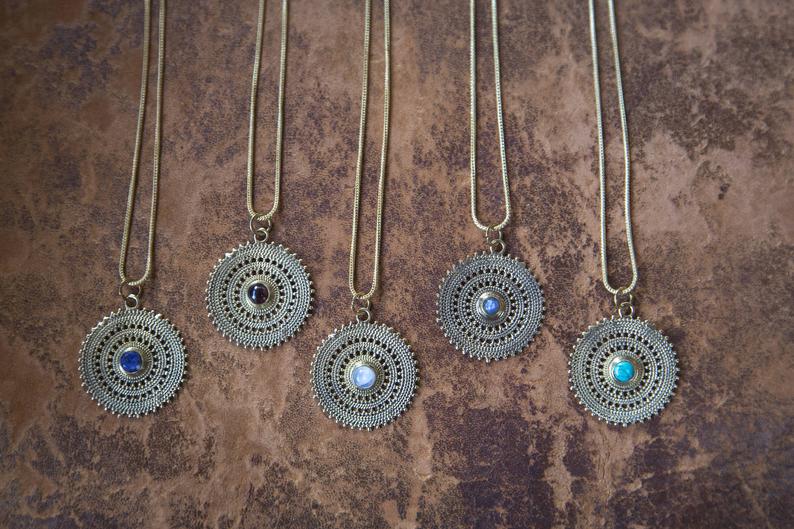 Brass and Stones Pendant Surya / Pendentif Soleil en Laiton et