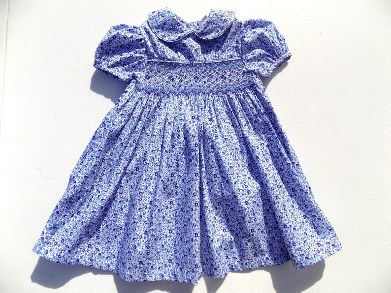 Little girl dress floral blue toddler cotton dress handmade