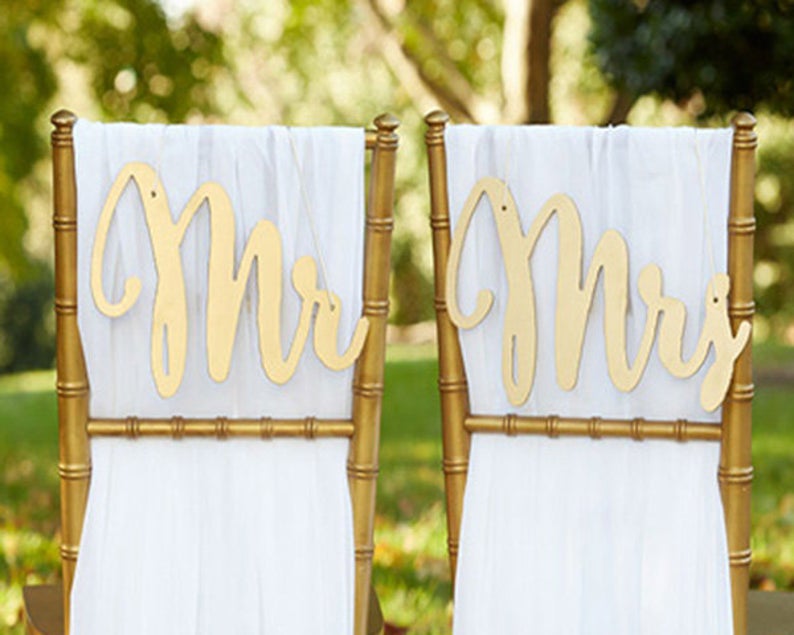 Mr and Mrs Chair Sign Bride and Groom Chair Signs Gold Wood