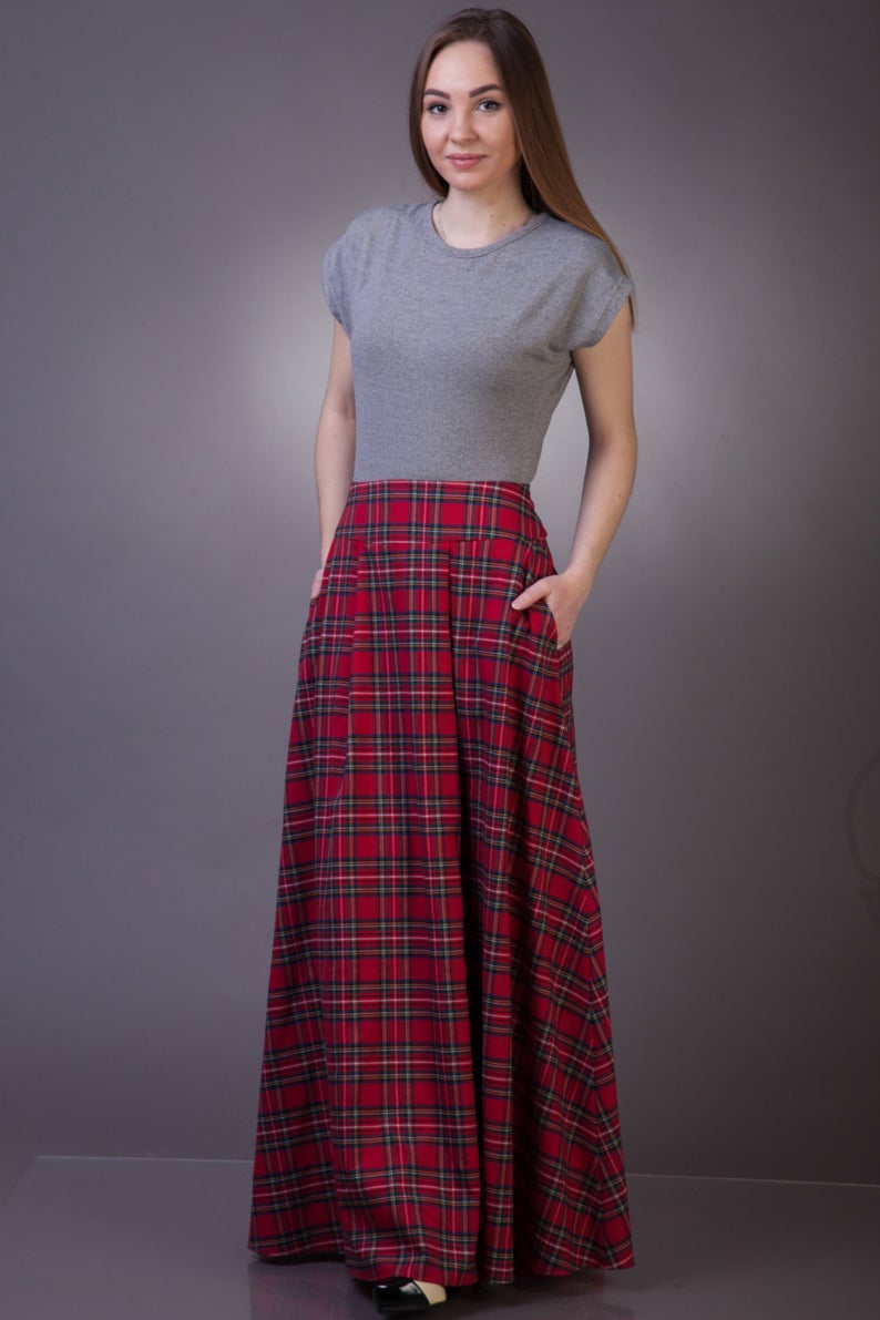 Tartan long skirt with pockets Maxi tartan skirt Long plaid