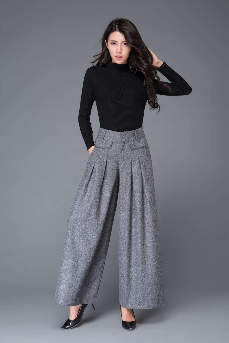 Wide Leg palazzo pants in Gray Maxi wool pants womens pants