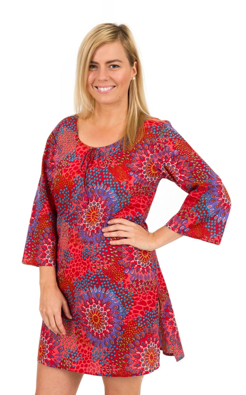 Beach Cover Up or Kaftan Dress in 100% Cotton   Reef Coral