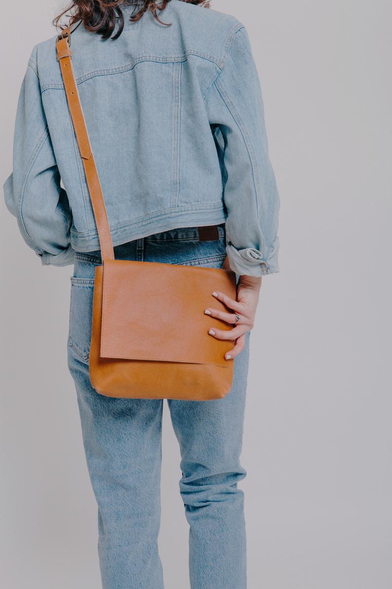 Brown Leather Crossbody Bag Small Messenger Bag Collage Book