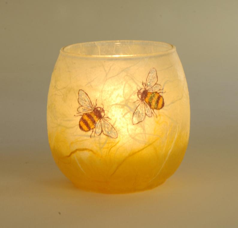 Cute bee candle holder   hand painted bees set on a honey