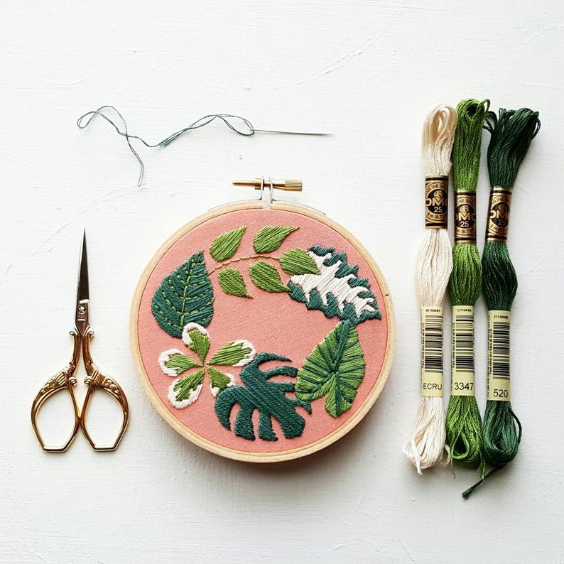 Hand Embroidery KIT: Tropical Plants Pink 4 inch Beginner