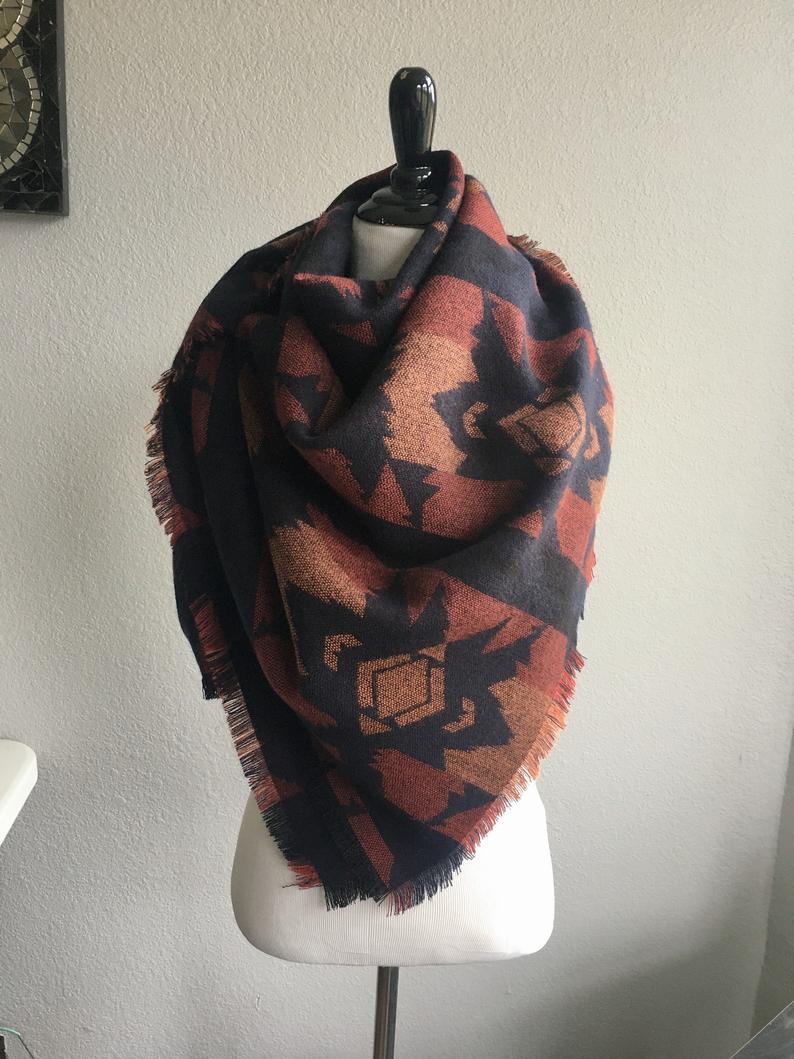 Large Blanket Scarf Aztec Dark Blue/Purple Orange Boho