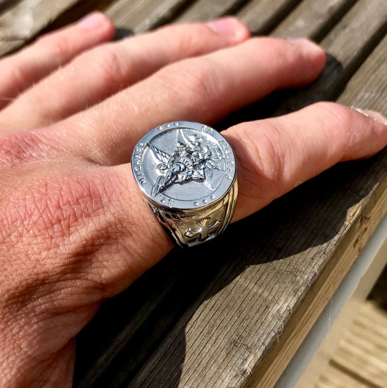 Mens Silver St Michael Ring  Signet Sovereign  Jewelry Gift