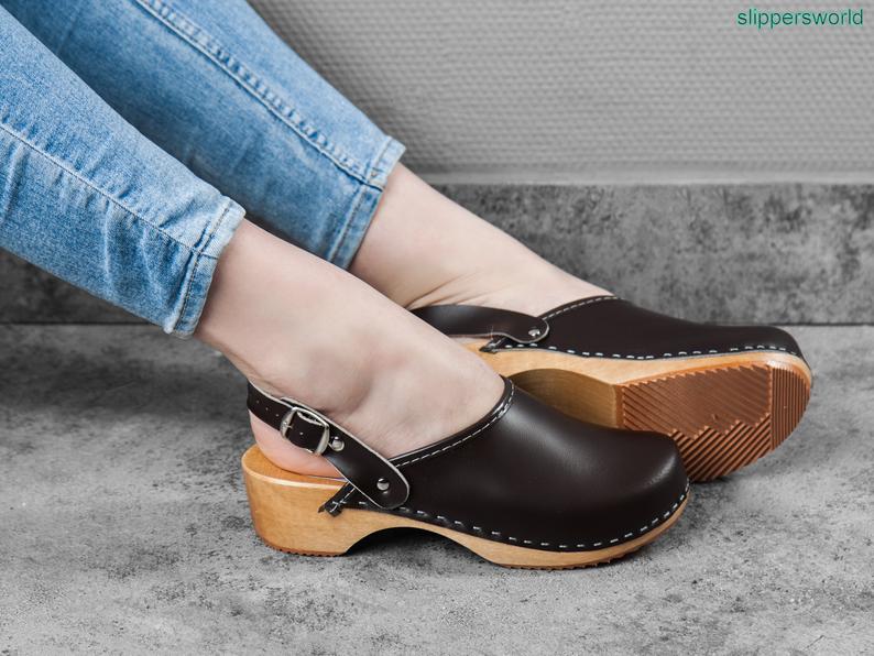 Slippers World Womens Leather Clogs Swedish Handmade Wooden