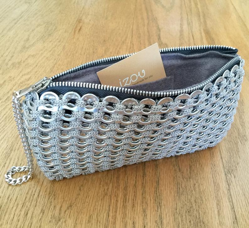 Soda Tab / Pop Tab Handmade Gray Crochet Clutch with Wristlet