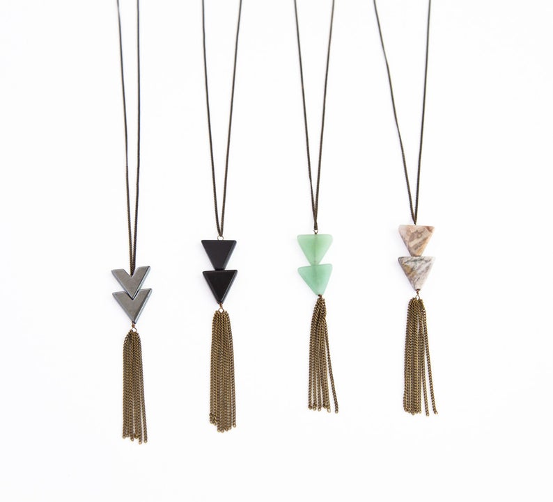 TRIANGLE TASSEL NECKLACE Triangle Stone Necklace Long Fringe