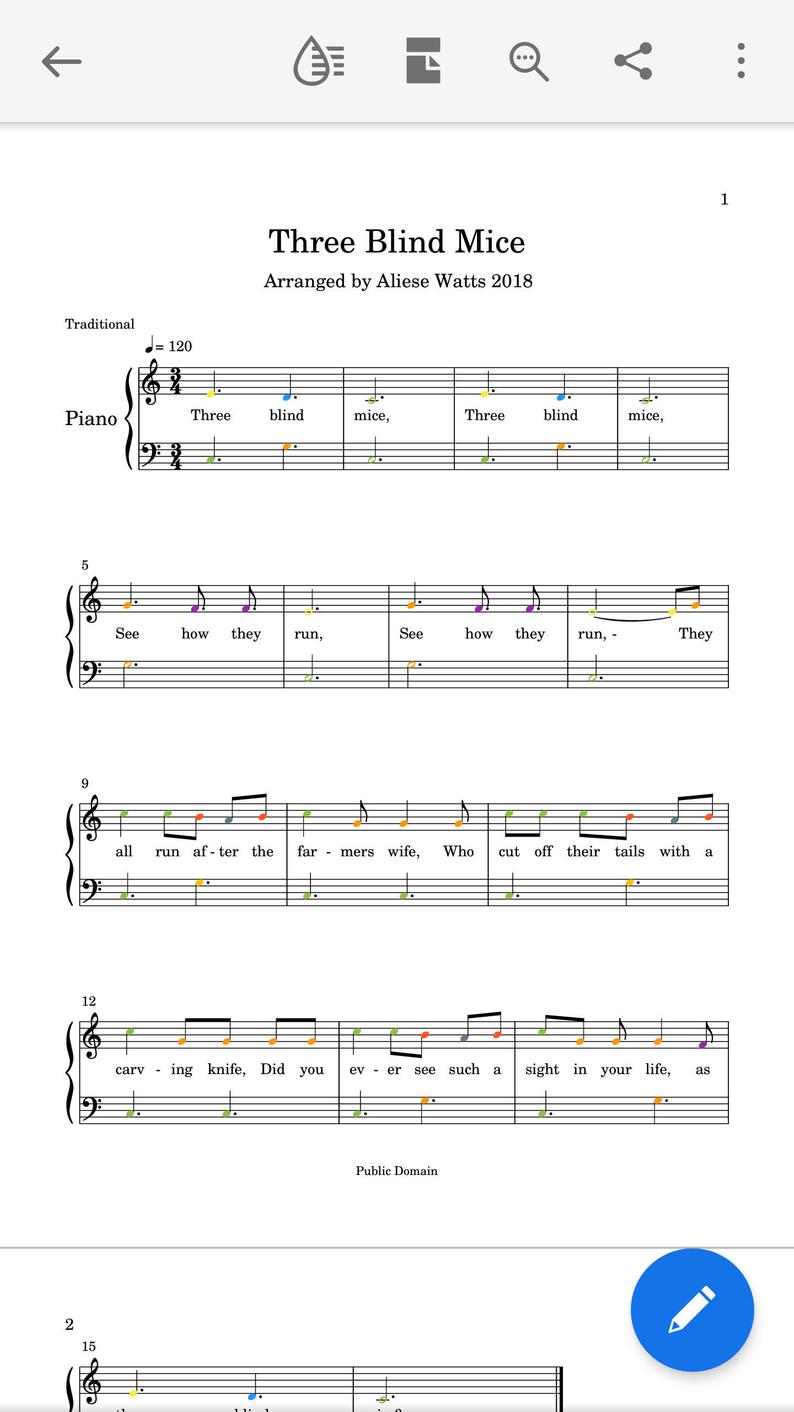 Three Blind Mice Easy Piano Sheet Music. Colour Coded.