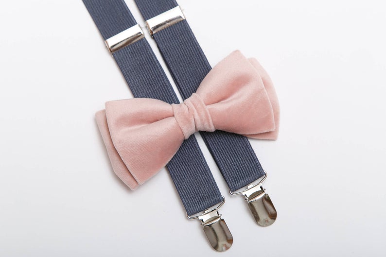 Velvet bow tie and suspenders set  Blush bow tie  Grey