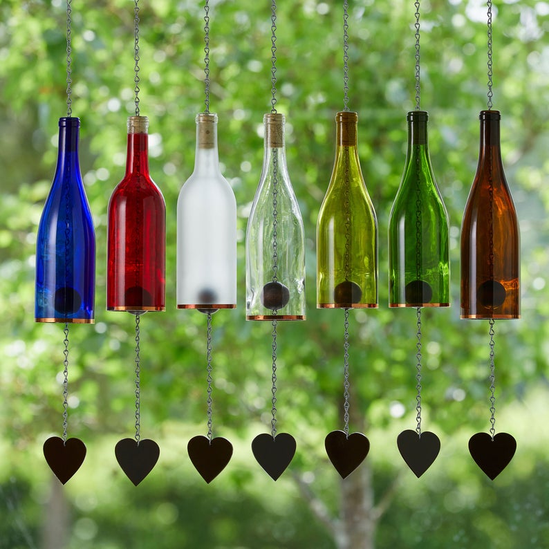 Wind Chimes Made From Glass Wine Bottles with Copper Trim