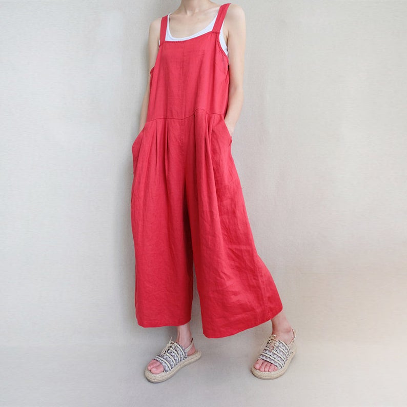 Women Leisure Linen Jumpsuits Baggy Overalls Wide Leg Pants