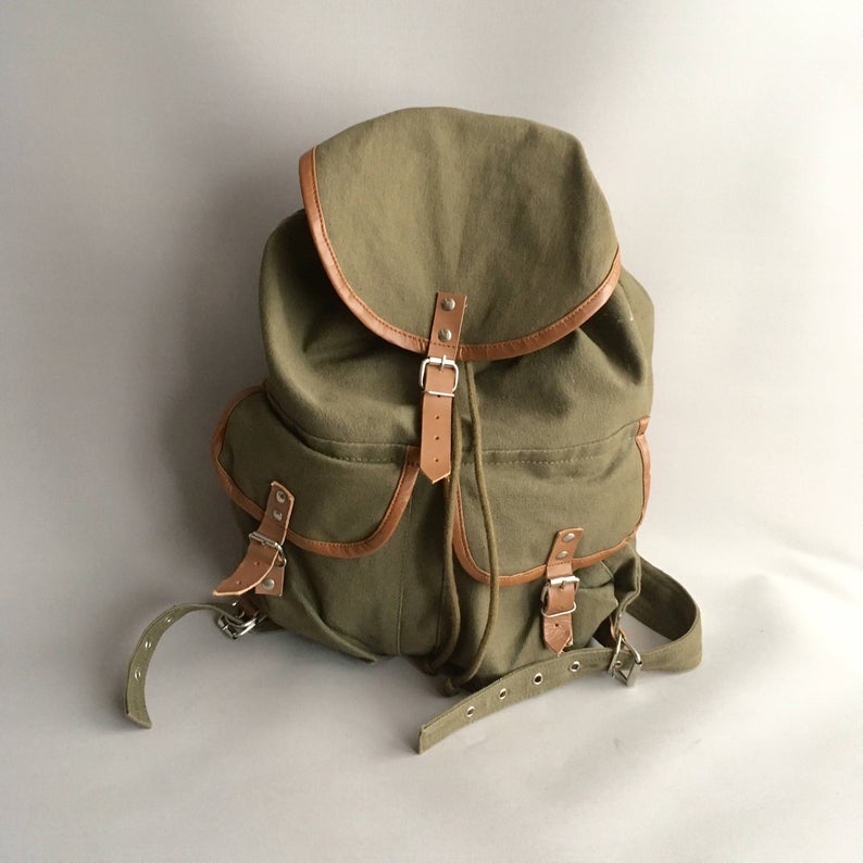 Canvas and Leather  khaki green rucksack / backpack