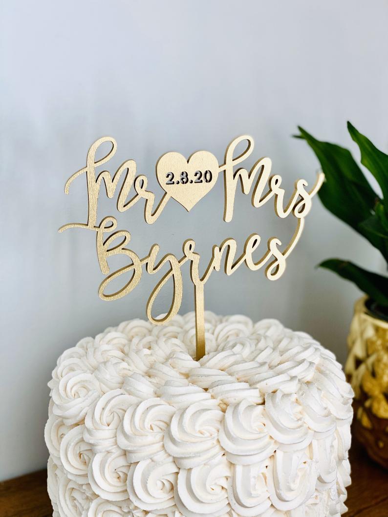 Custom Mr Heart Mrs Name Cake Topper with Engraved Date on