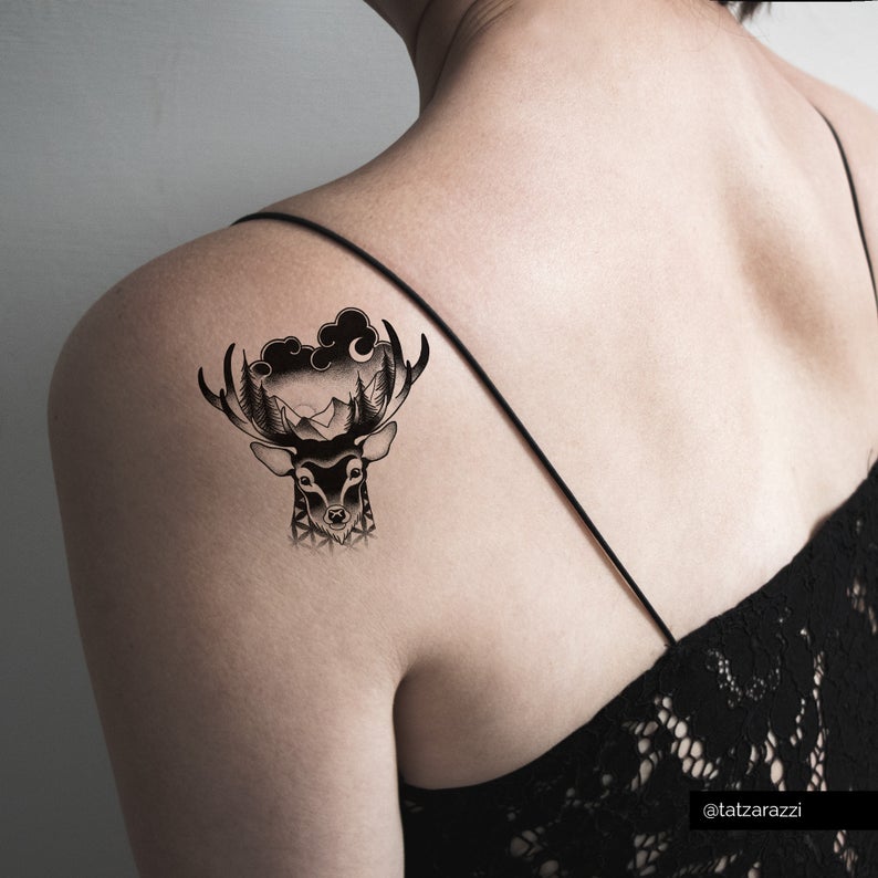 Deer Head Temporary Tattoos Dotwork Black White Antlers Nature