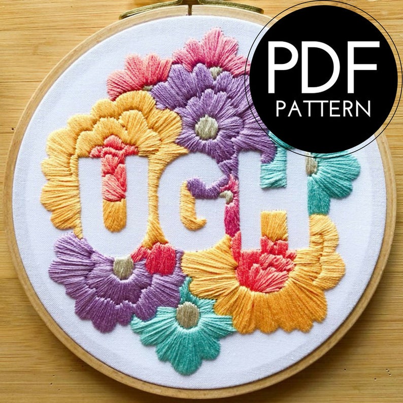 Digital hand embroidery pattern  floral pastel ugh design