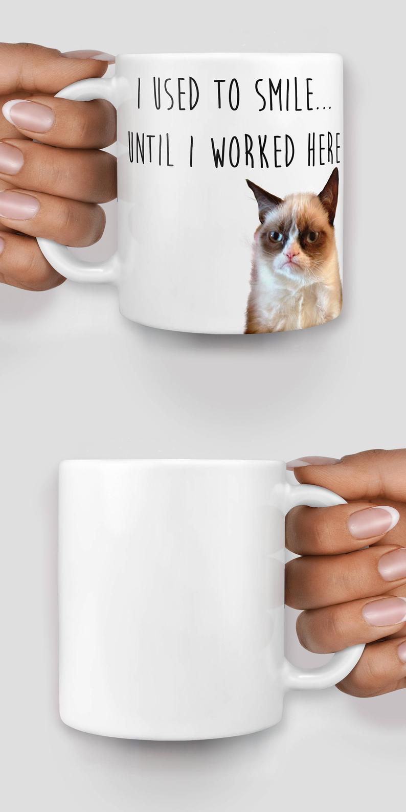 Grumpy Cat I used to smile until I worked here mug  Christmas