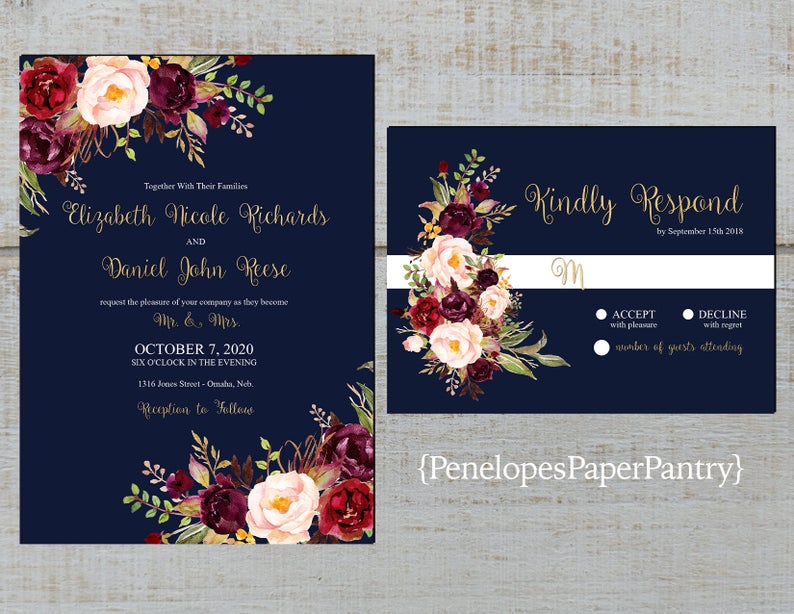 Romantic Navy Fall Wedding InvitationNavy